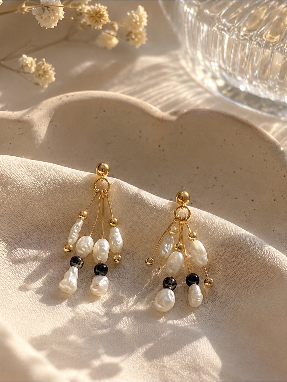 Mona SoFresh Water Dangle Pearl Bead Cluster Earring Studs In Gold, Black, White